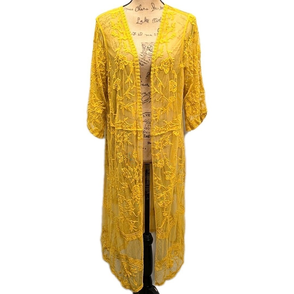 Grace & Emma Yellow Lace Duster Kimono Sheer Floral sz XL/2XL Boho Festival